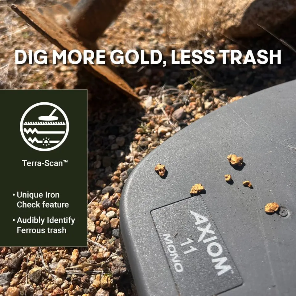 Garrett Axiom 11 Mono search coil on gravel with small gold nuggets