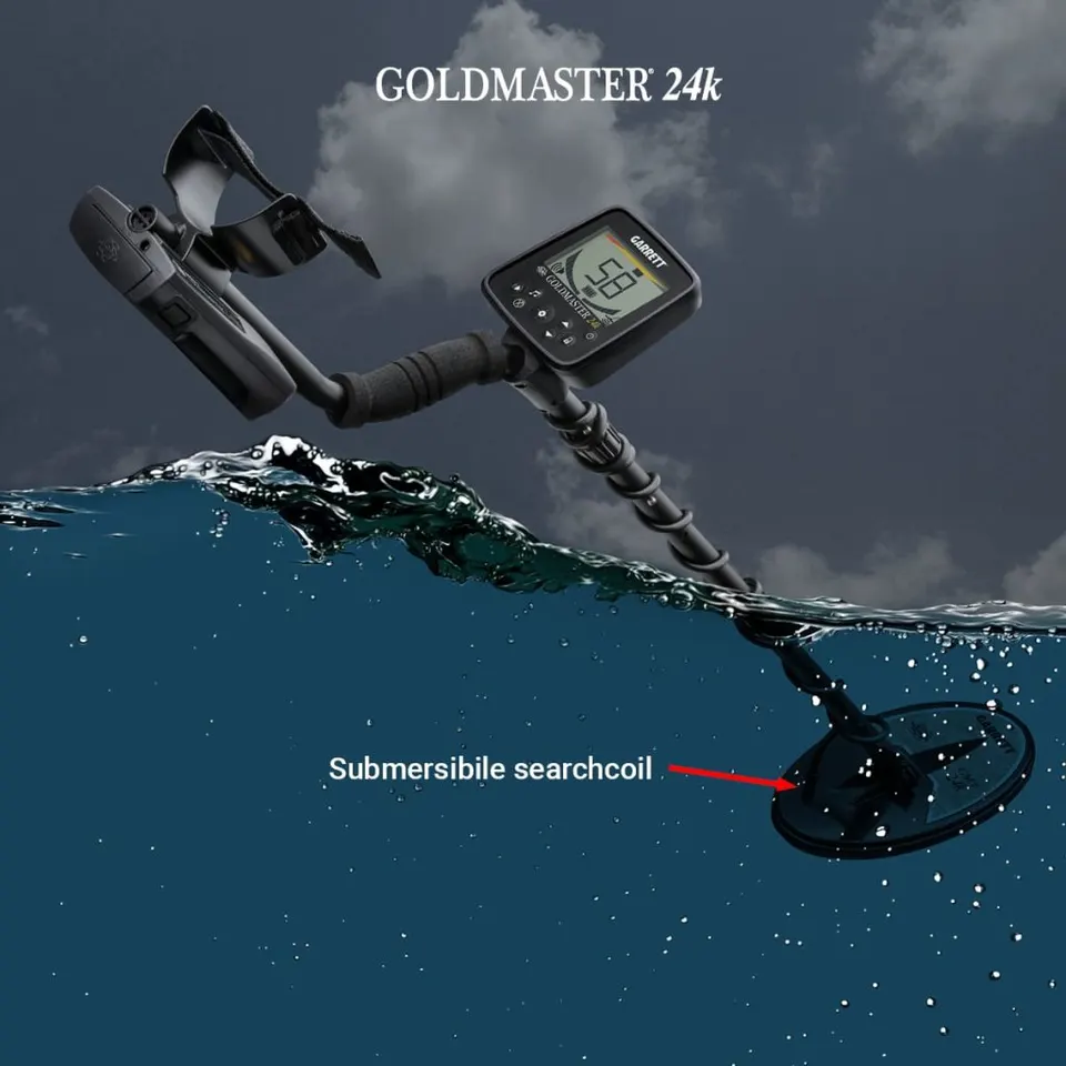 Garrett Goldmaster 24k advert showing the submersible search coil under water