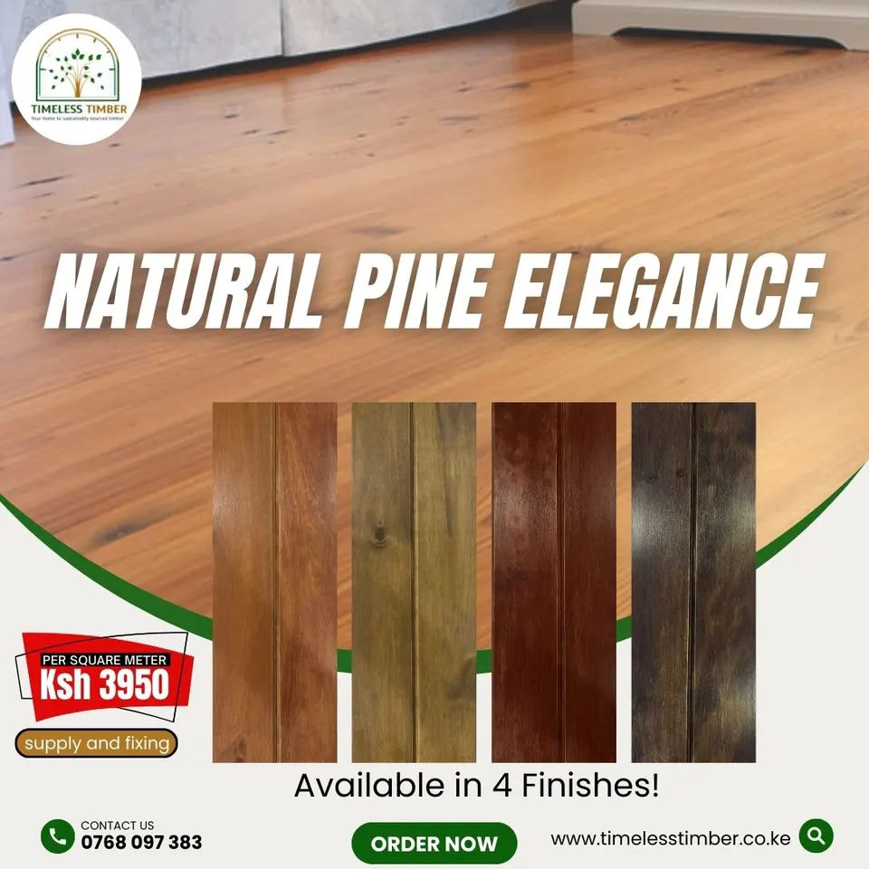 Natural pine floor advert showing four plank finishes and the price per square metre