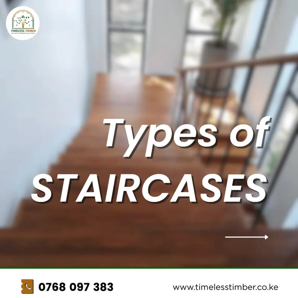 Blurred hardwood staircase with the headline "Types of Staircases"